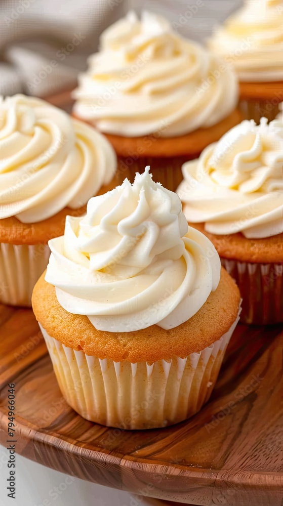 A photo of cupcakes with cream cheese frosting being placed on top of an elegant wooden cake stand, A photo of cupcakes with cream cheese frosting being placed on top of an elegant wooden cake stand,