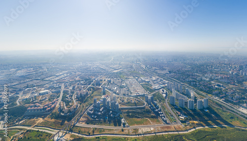 Istanbul, Turkey. Summer panorama of the city from the air on a sunny day. Dormitory and industrial areas of the city. District of Ikitelli. Aerial View