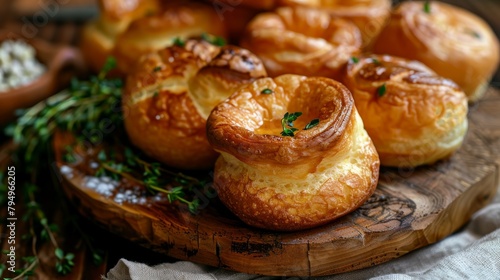 A lot of fresh hot popovers on wood plate or wooden board. Easy cooking, tasty breakfast, close up. Yorkshire pudding 