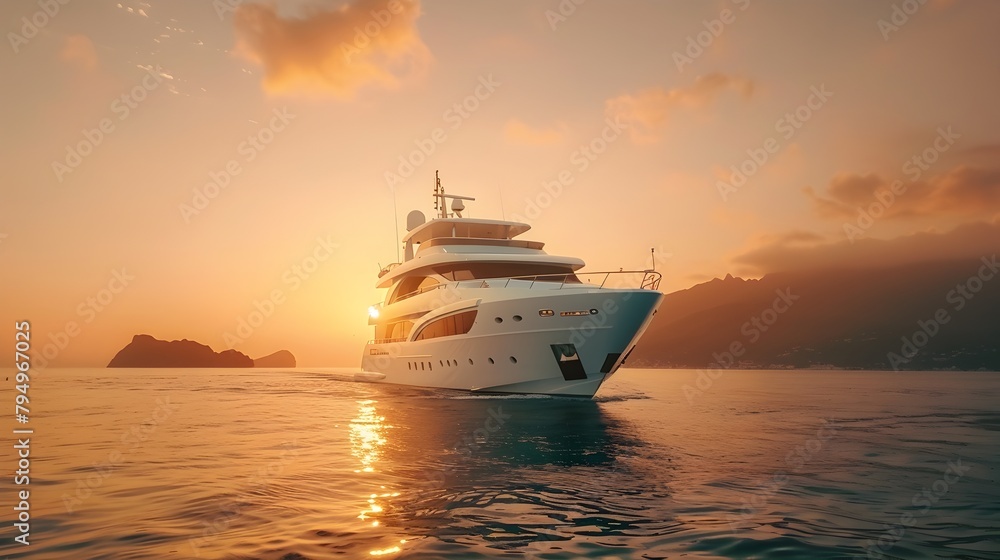 Luxury at Sea: Majestic Yacht Sailing at Sunset, Perfect for Travel and Leisure
