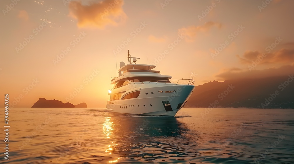 Luxury at Sea: Majestic Yacht Sailing at Sunset, Perfect for Travel and Leisure Luxury at Sea: Majestic Yacht Sailing at Sunset, Perfect for Travel and Leisure