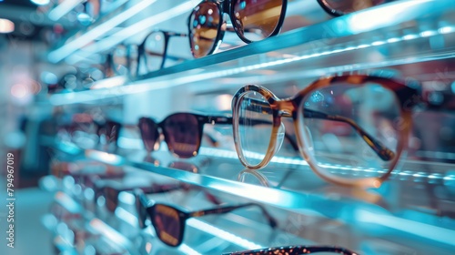 Vision glasses lie on a store window close-up