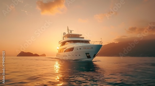 Luxury at Sea: Majestic Yacht Sailing at Sunset, Perfect for Travel and Leisure © R Studio