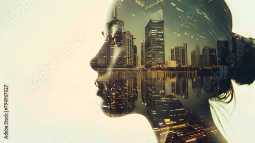 Urban Dreams: Double Exposure Portrait of Woman and Cityscape
