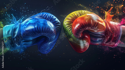 Vibrant Clash of Multicolored Boxing Gloves, Abstract Sports Action Concept
