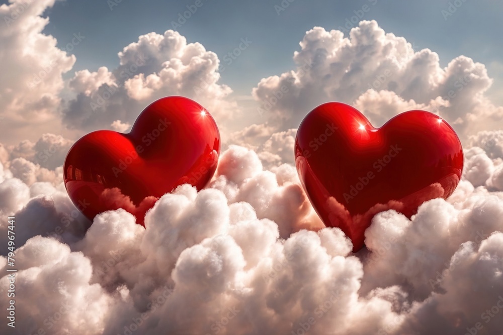 Red hearts flying above the clouds, love soaring and flying in the sky