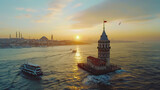 Maidens Tower at sunset in Istanbul Turkey. Vew of Bos
