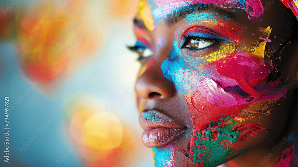 beautiful face of an afro girl with multi-colored paints, symbolizing World Day for Cultural Diversity, copy space