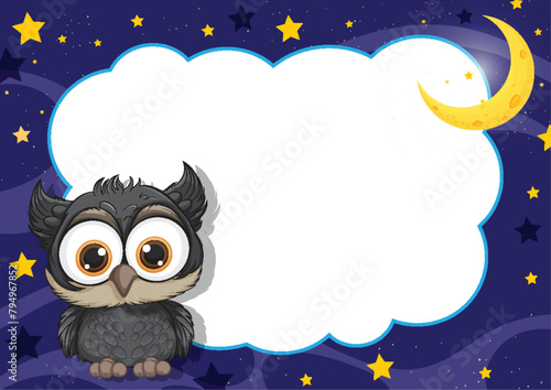 Adorable owl with big eyes on a starry background
