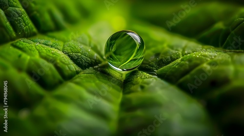 Water Droplet on Vibrant Green Leaf, Ideal for Ecology and Environmental Themes