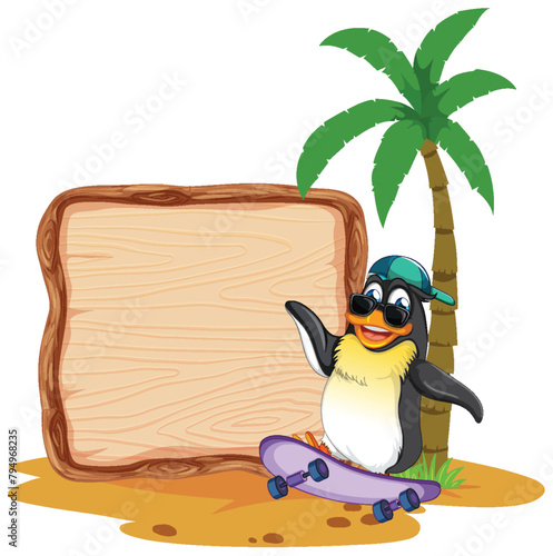 Penguin on skateboard beside wooden sign and palm.