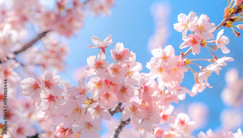 Close up of cherry blossoms on tree against electric blue sky