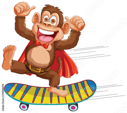 Cheerful monkey skateboarding with a superhero cape