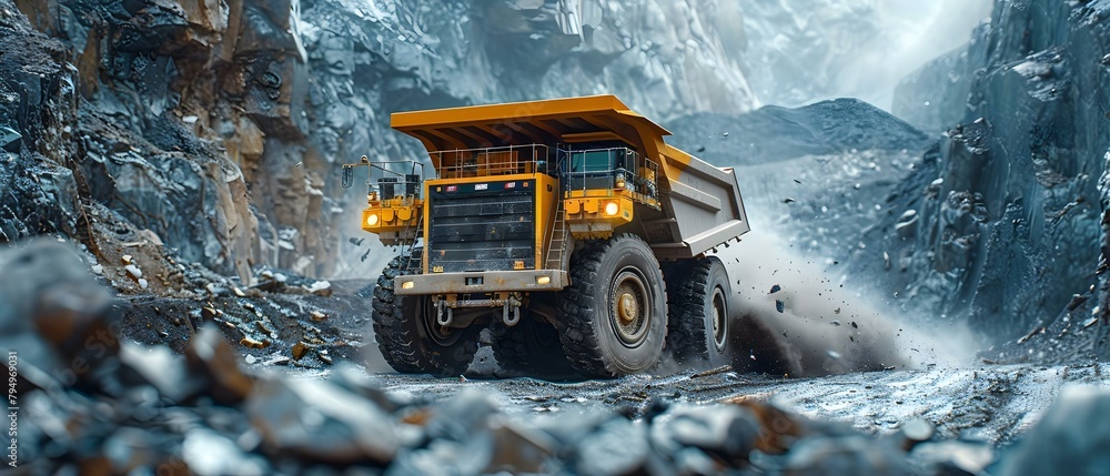 Realistic Image of Open Pit Mining with Large Yellow Dump Truck Extracting Coal. Concept Mining Industry, Yellow Dump Truck, Open Pit Extraction, Coal Production, Realistic Imagery Realistic Image of Open Pit Mining with Large Yellow Dump Truck Extracting Coal. Concept Mining Industry, Yellow Dump Truck, Open Pit Extraction, Coal Production, Realistic Imagery