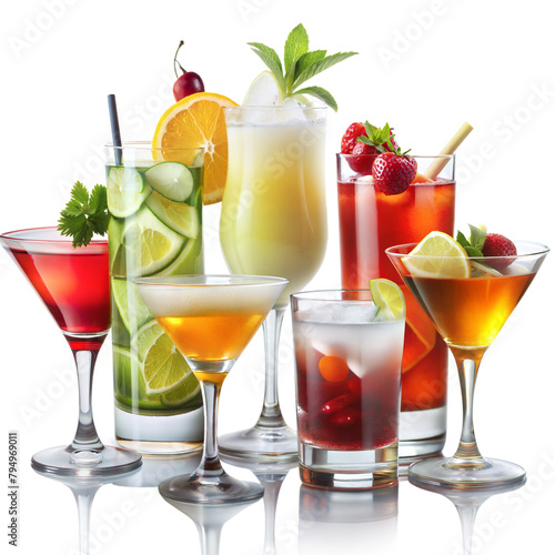 Colorful variety of cocktails and mocktails on reflective surface
