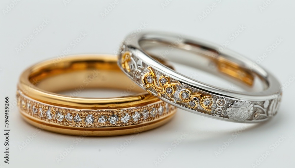 Amber and metal rings displayed on white surface for wedding ceremony Amber and metal rings displayed on white surface for wedding ceremony