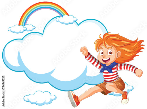 Happy cartoon child jumping near a rainbow