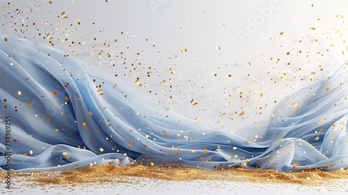 Blue curtain background. Golden confetti banner and ribbon. Celebration grand opening party happy concept. © PT