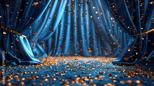 Blue curtain background. Golden confetti banner and ribbon. Celebration grand opening party happy concept.