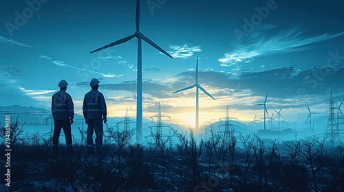 Engineer standing in front of an electric wind turbine Data collection of electric wind turbines