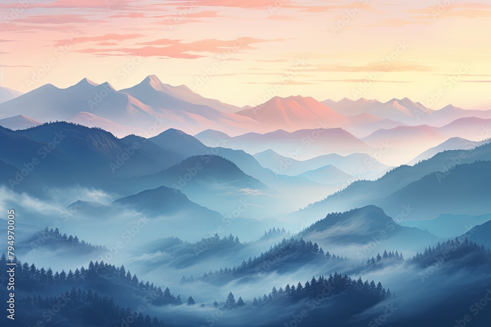 Obraz premium Misty Mountain Gradient Views: Soft Morning Light Spectrum