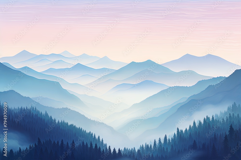 Misty Mountain Gradient Views: Soft Morning Light Spectrum Grace