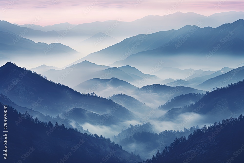 Misty Mountain Gradient Views: Tranquil Highland Shades Serenity