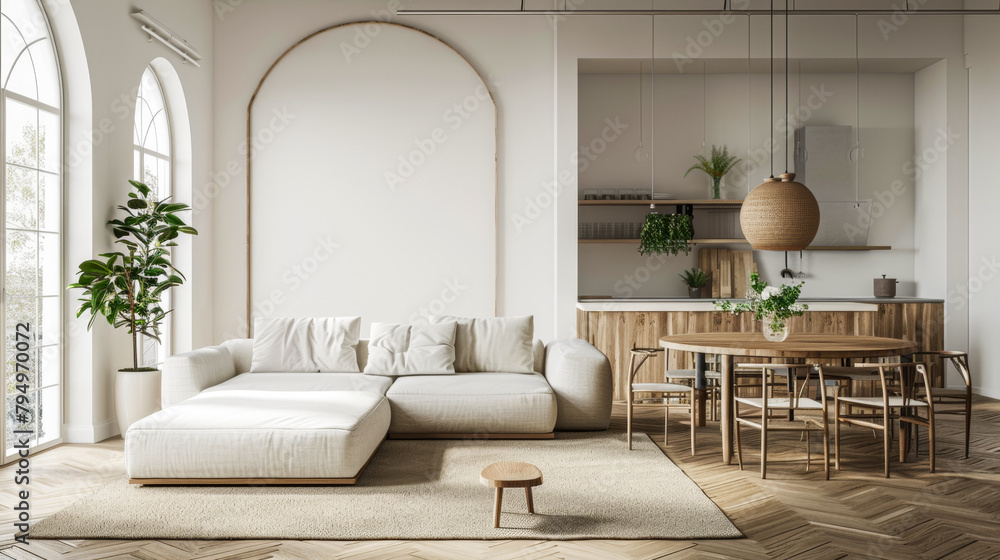 Fototapeta premium A modern living room with a white couch, a coffee table, and a potted plant. The room has a clean and minimalist design, with a focus on natural elements like the plant and the wooden furniture