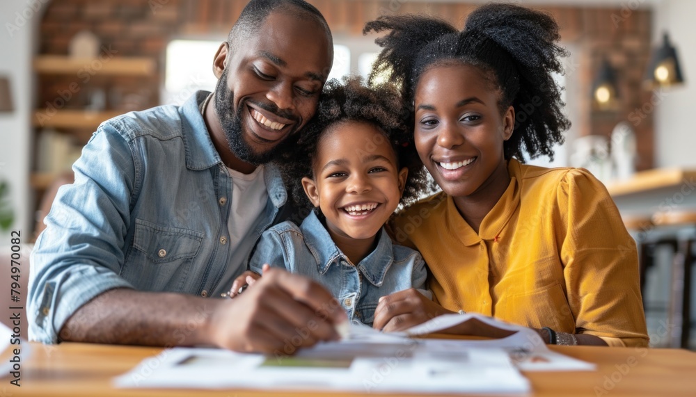 Family sharing happy moment at table, reading book together with smiles Family sharing happy moment at table, reading book together with smiles