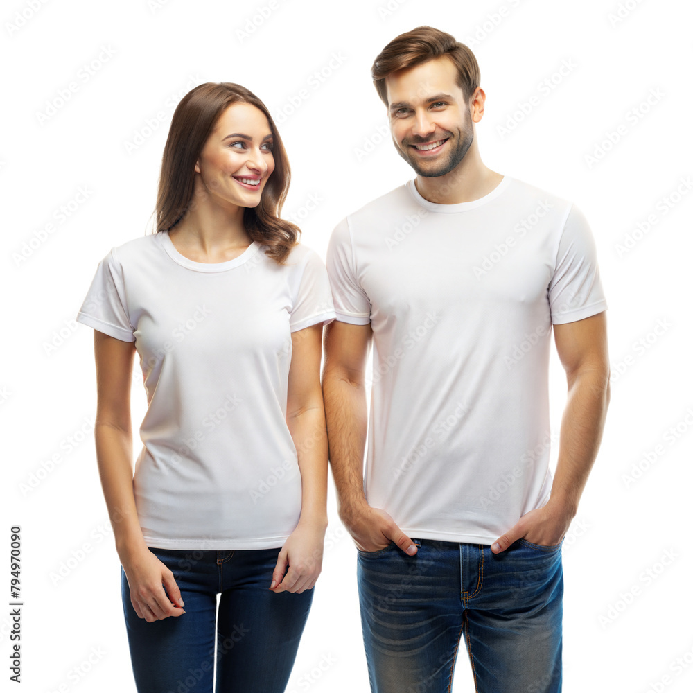 Smiling young couple in plain white t-shirts looking happy Smiling young couple in plain white t-shirts looking happy