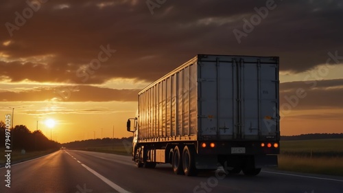 Freight Truck Speeding Toward Sunset on Highway. Concept Transportation, Highway, Sunset, Freight Truck, Speeding