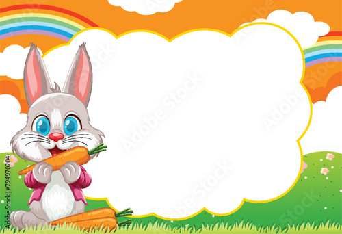 Cute rabbit holding a carrot, colorful nature background.