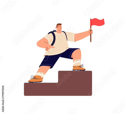 Person moves up the career ladder. Happy man achieves goal, result, win, success in mission. Leader conquers the top, height with red flag. Flat isolated vector illustration on white background