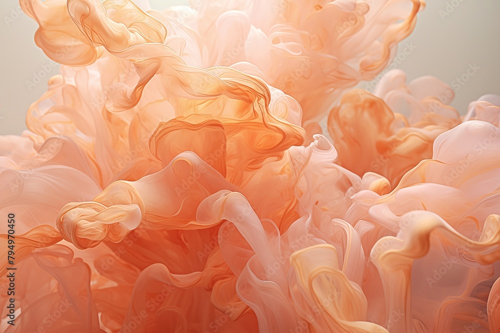 A vibrant dance of peach and orange ink clouds swirling in water, creating an abstract visual effect. The backdrop of soft gradients is ideal for creative projects, digital media backgrounds.