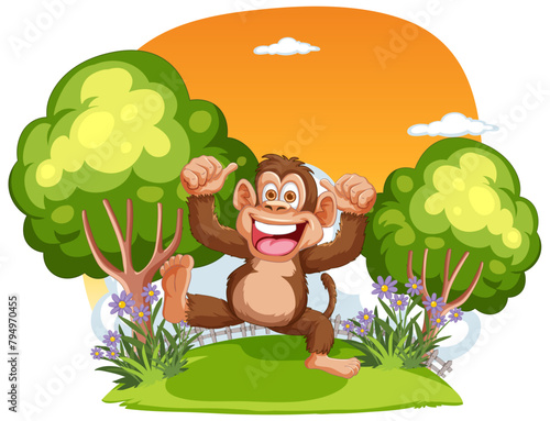Happy monkey with open arms in a sunny park