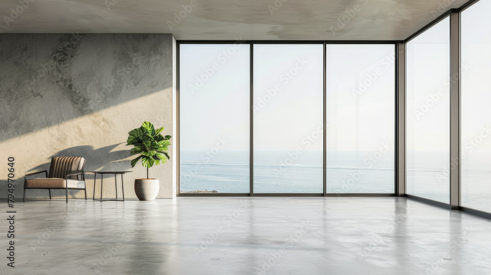 Fototapeta premium A large, empty room with a chair and a potted plant. The room has a modern, minimalist design and is situated near a large body of water. The sunlight coming through the windows creates a warm