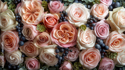 A bouquet of pink and white roses with blue berries