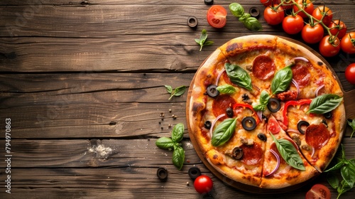 Fresh tasty pizza on wooden background