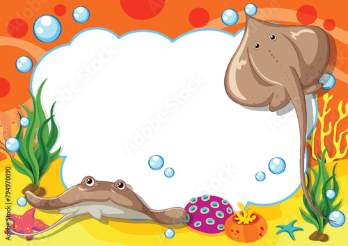 Colorful illustration of stingrays in a vibrant seascape.