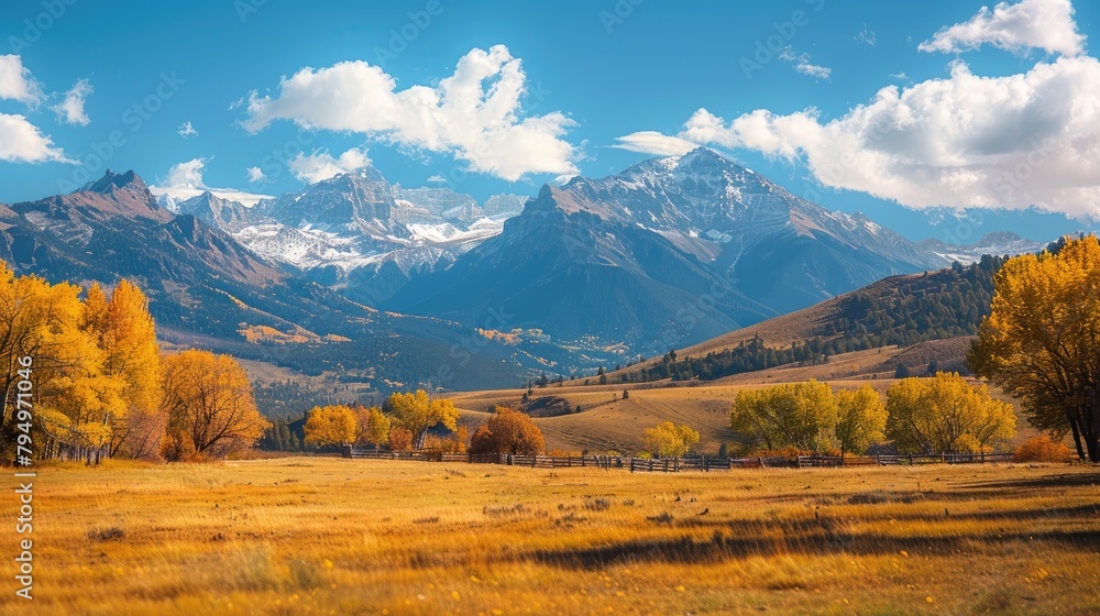 Fall countryside scenery featuring mountain ranges in the Alpine region