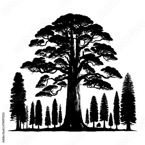 Sequoia Vector Silhouette- Depicting the Grandeur of Nature's Towering Sequoia Trees- Sequoia Tree Illustration.