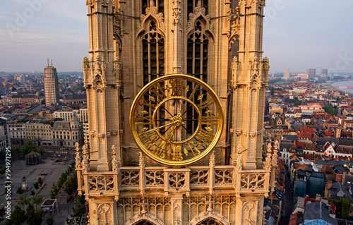 Antwerp, Belgium. Cathedral of Our Lady of Antwerp. Clock close-up. Summer morning. Aerial view