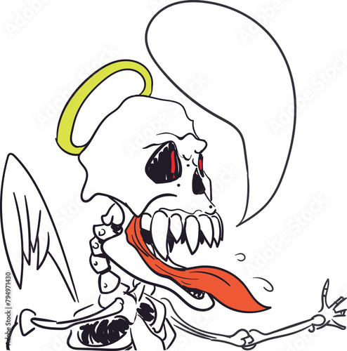 A demonic character in the form of a skeleton with a huge skull, fangs, a protruding tongue and an open mouth. Next to the cartoon skeleton is a dialogue bubble. 