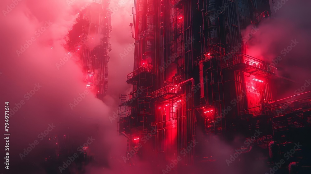 A dark, red, foggy industrial scene