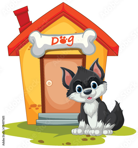 Cute animated puppy sitting by its colorful house