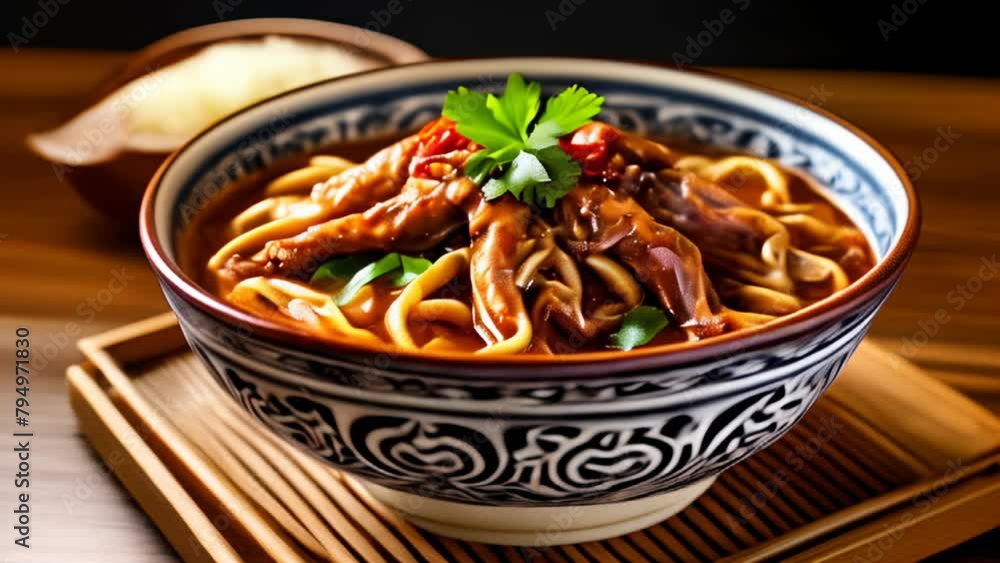Delicious noodle dish with meat and herbs ready to be savored Delicious noodle dish with meat and herbs ready to be savored