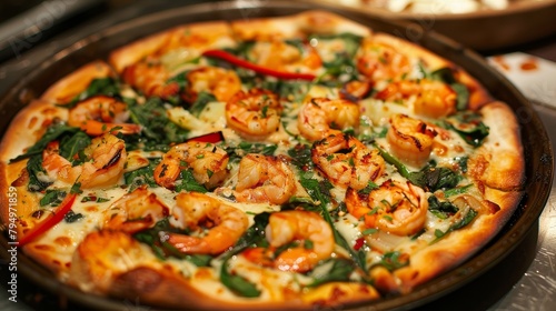 Garlic king prawn wood fired pizza with spinach & red chilli