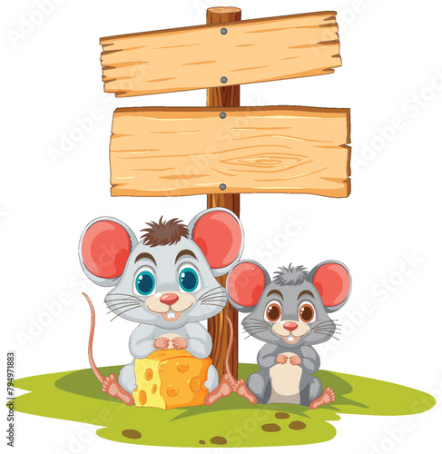 Two cartoon mice sitting by a blank signpost.