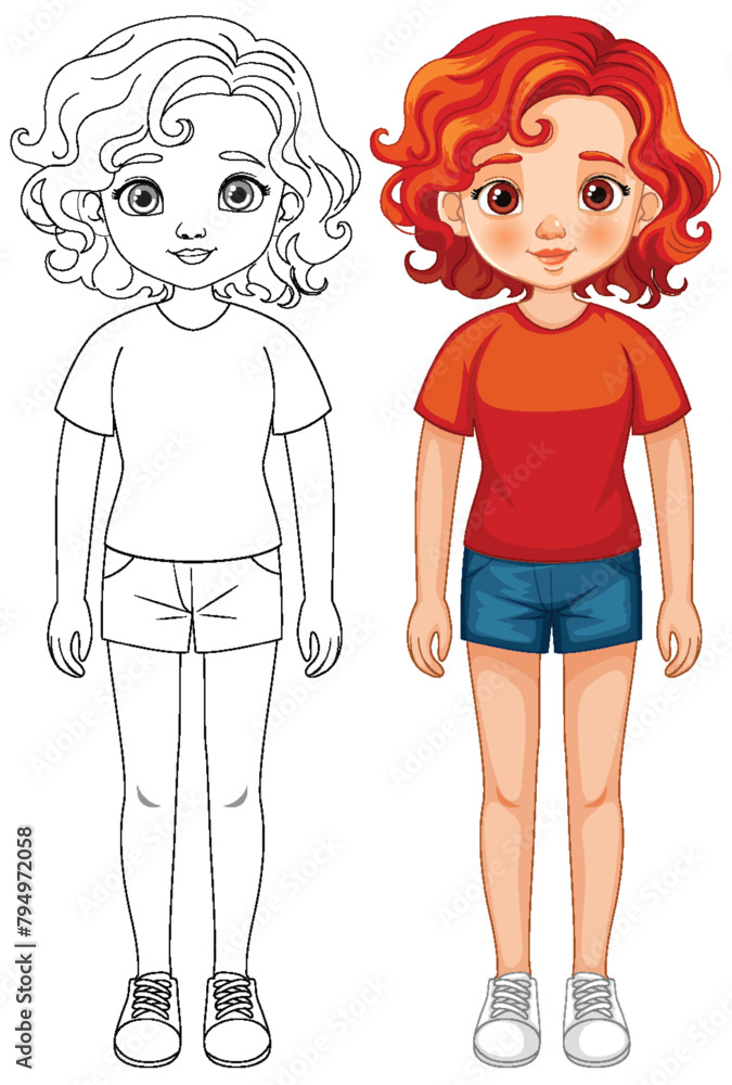 Vector illustration of a girl, colored and outlined.