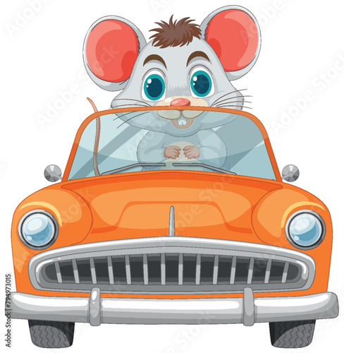 Cute cartoon mouse driving a vintage vehicle